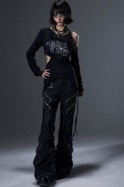 Distressed Pleated Lace-Up Denim Jeans