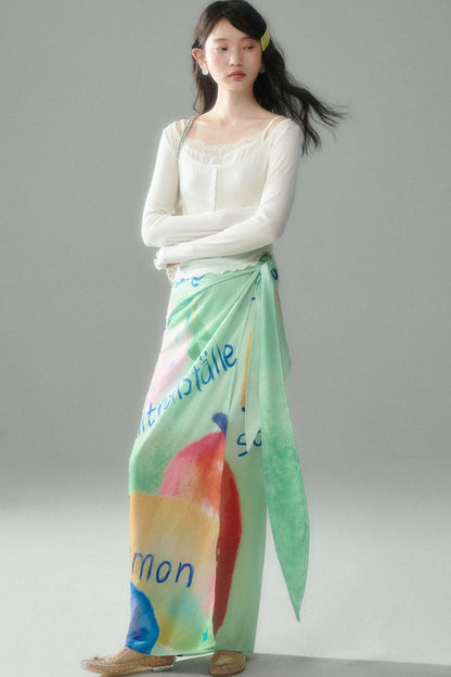 Hand-Painted Fruit Print T-Shirt and Wrap Skirt Set-Up