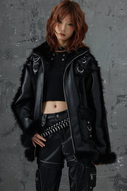 Dark Punk Metal Leather Fur Jacket