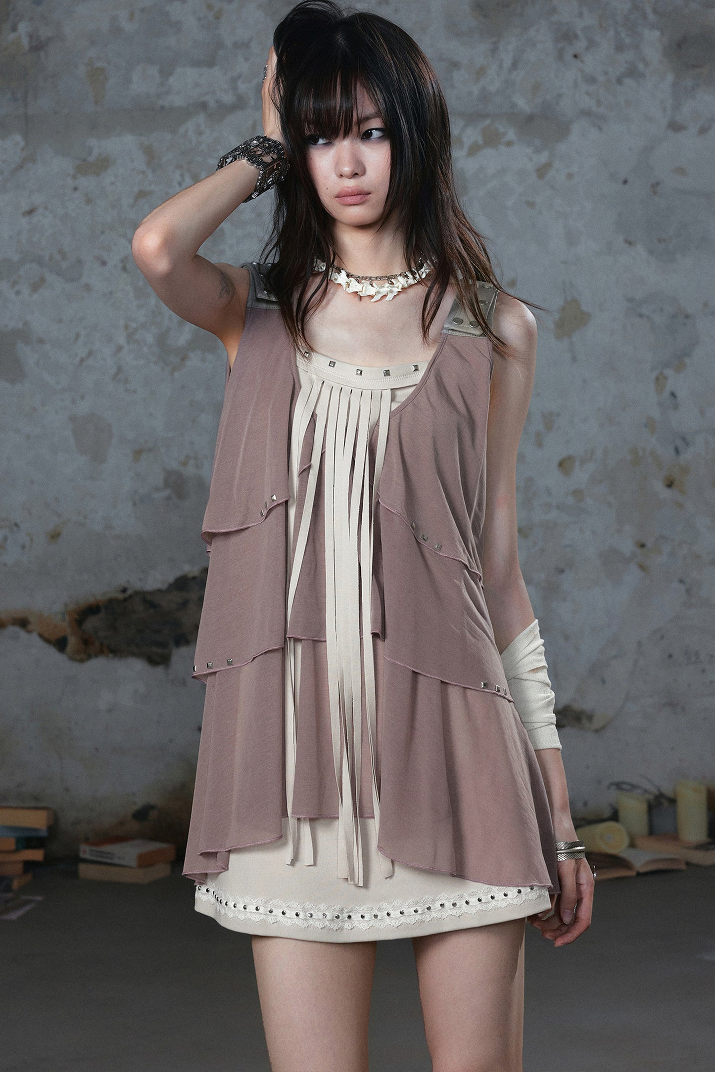 Ruffled Rivet Tassel Cake Camisole Dress