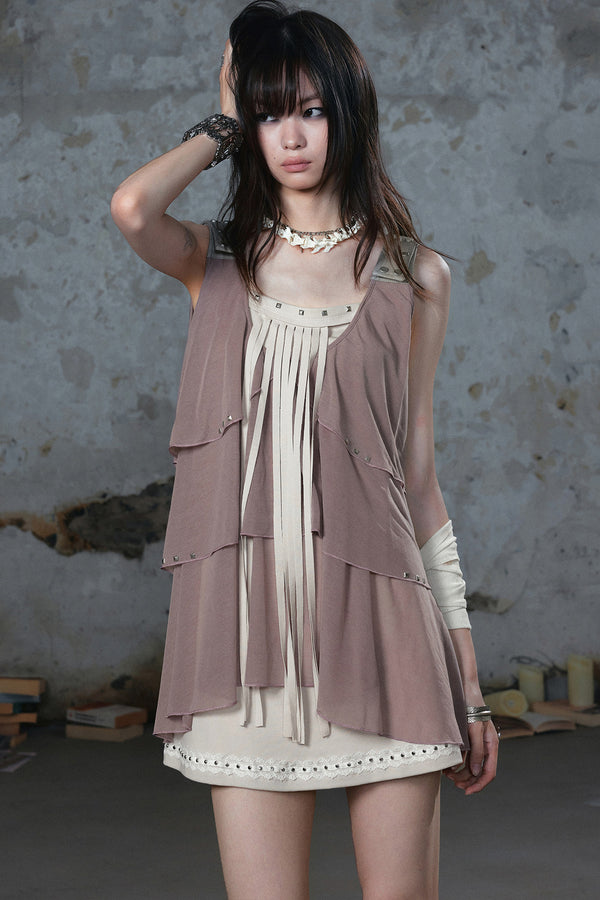 Ruffled Rivet Tassel Cake Camisole Dress