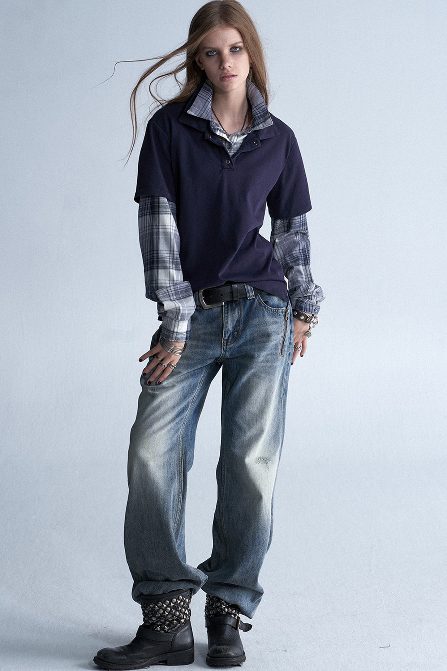 Retro Plaid Layered Washed T-Shirt