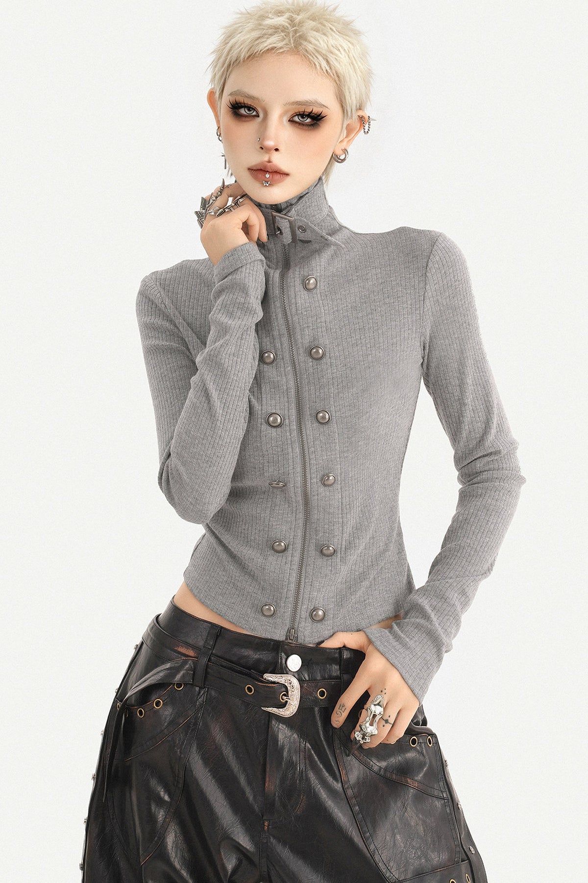 Grey Double-Breasted Zipper Knit Cardigan