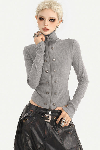 Grey Double-Breasted Zipper Knit Cardigan