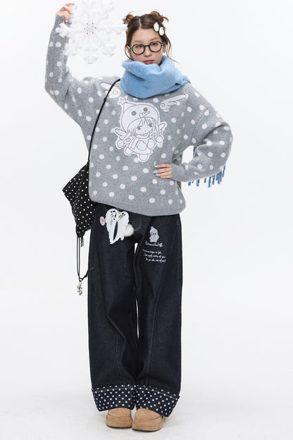 Patch Embroidery Angel Polka Dot Pullover
