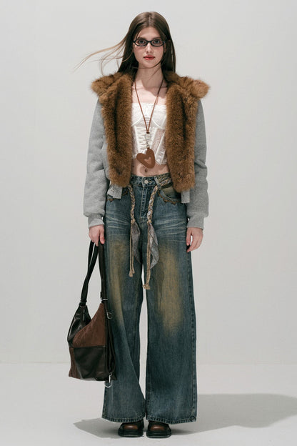 Loose Wide Leg Woven Belt Jeans