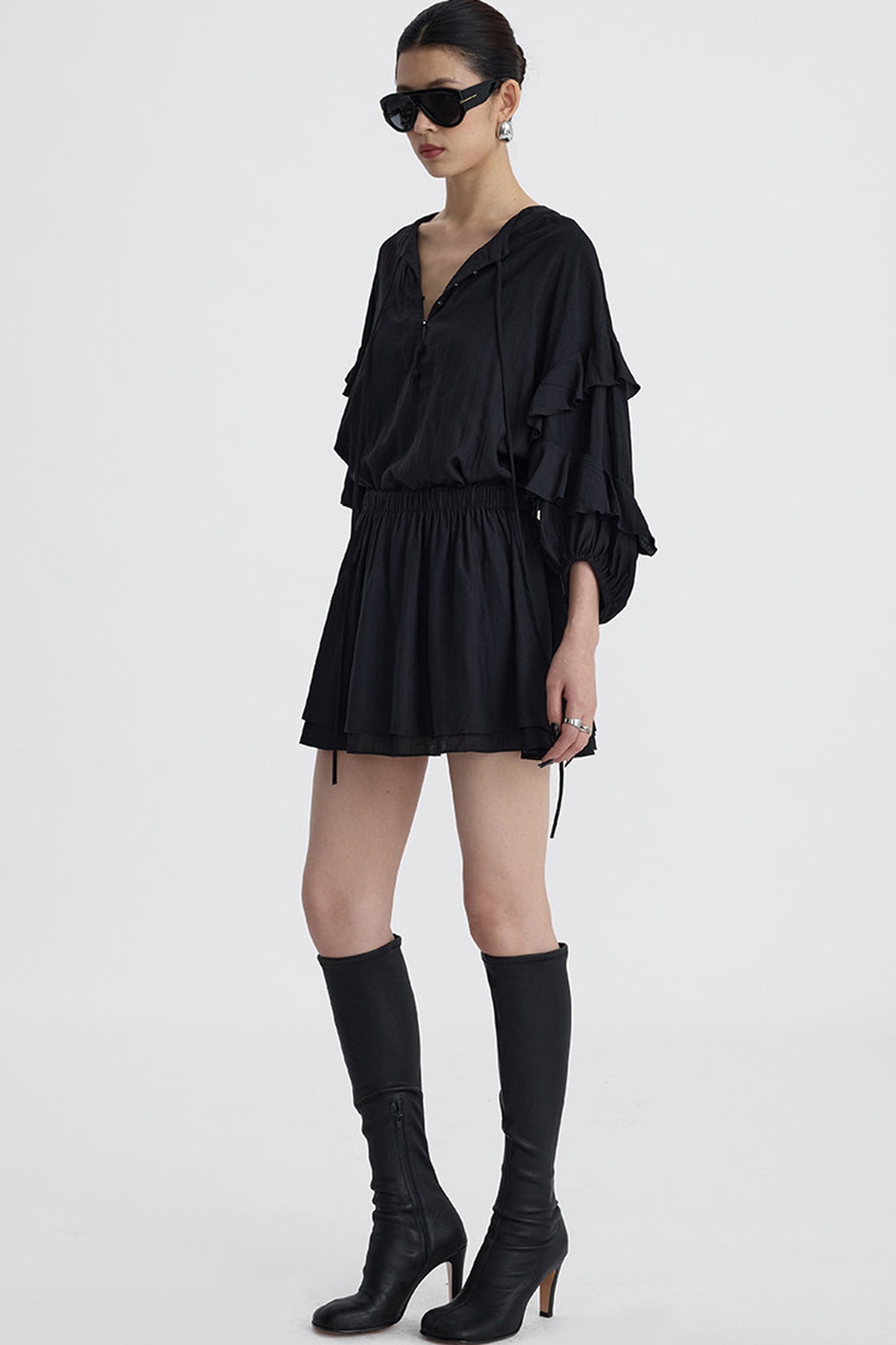 Black V-Neck Ruffle Lantern Sleeve Dress