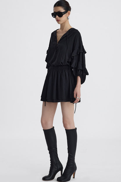 Black V-Neck Ruffle Lantern Sleeve Dress