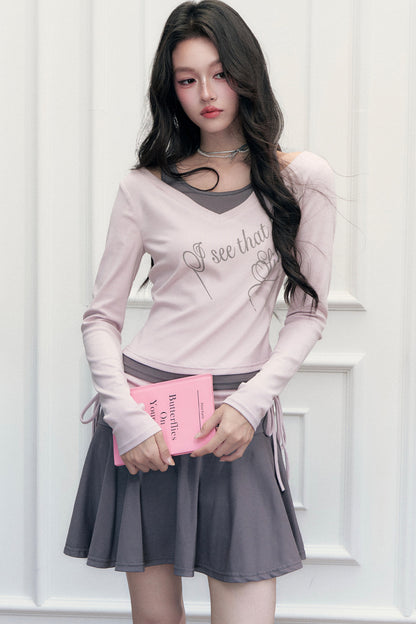 Layered-Look Letter Print Top and Skirt Set-Up