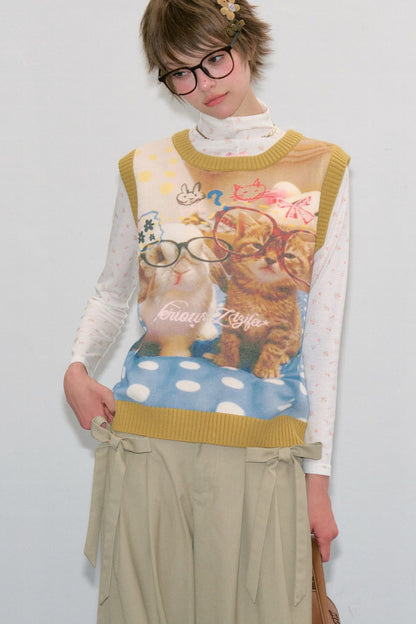 Cat Print Knit Vest