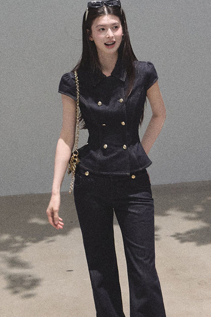 Retro Denim Waist-Cinching Dress Set-Up