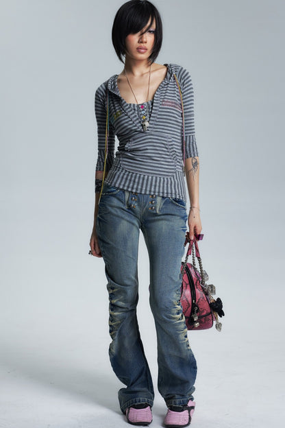 Divine Asymmetrical Frayed Striped Mid-Sleeve T-Shirt