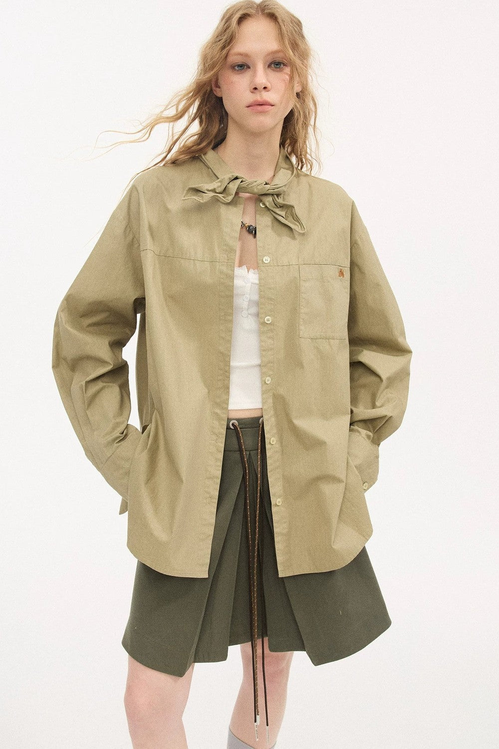 Washed Cotton Scarf-Style Blouse