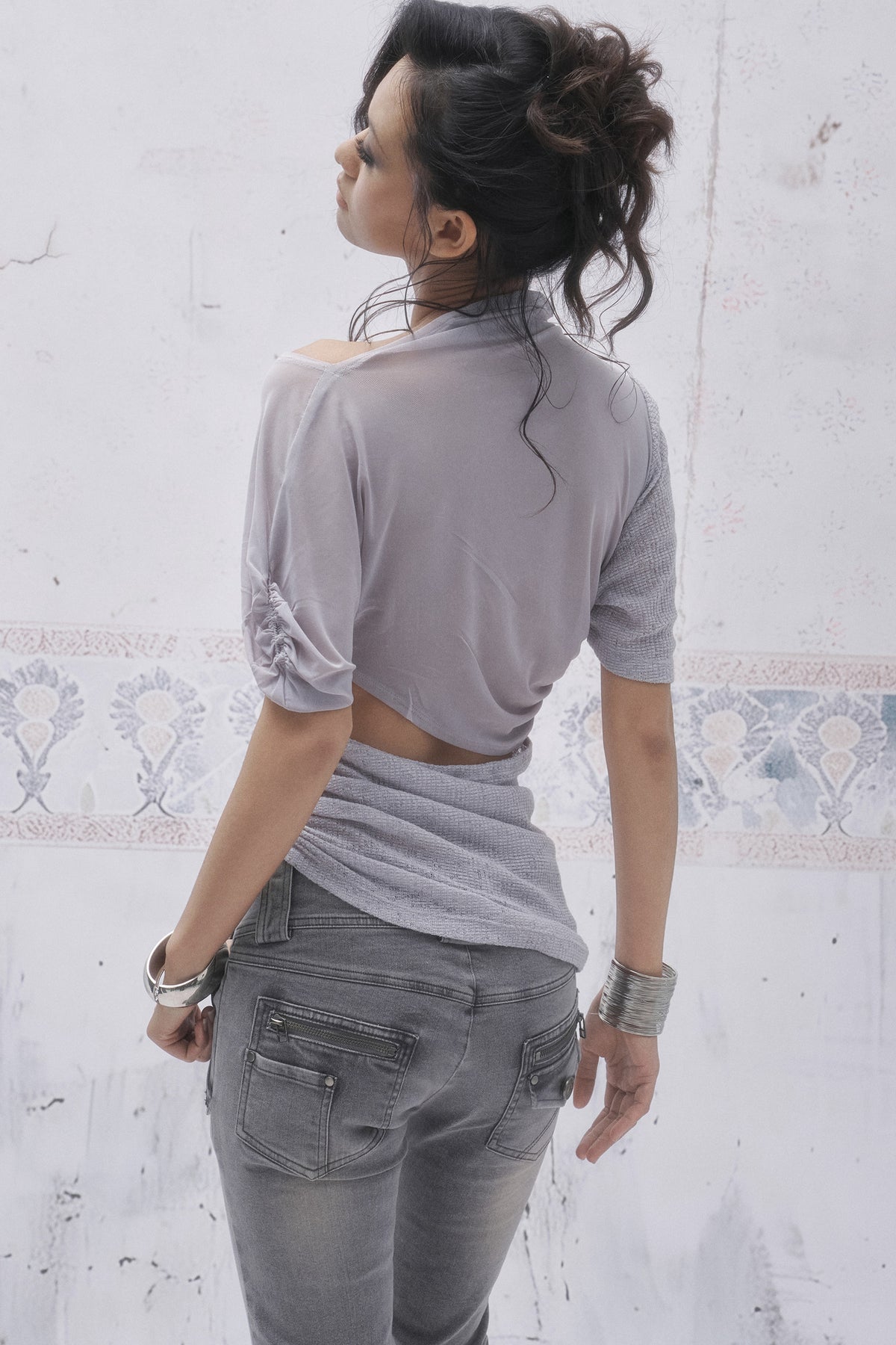 Pleated Knit Patchwork Off-Shoulder T-Shirt