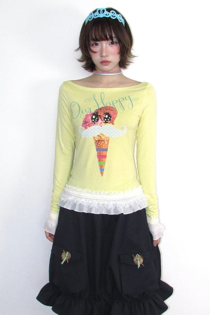 Y2K Printed Boat Neck Lace Top