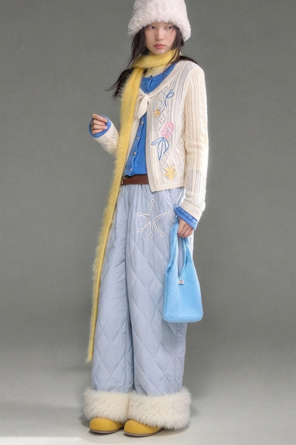 Star Embroidery Quilted Wide-Leg Pants