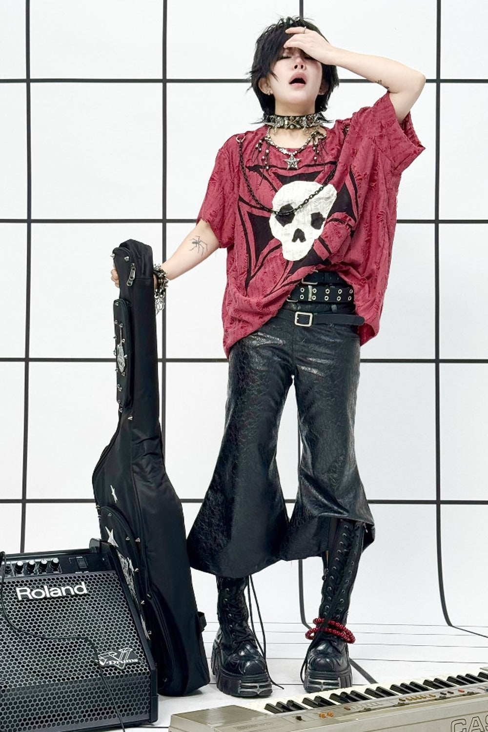 Three-Belt Croc PU Flared Pants