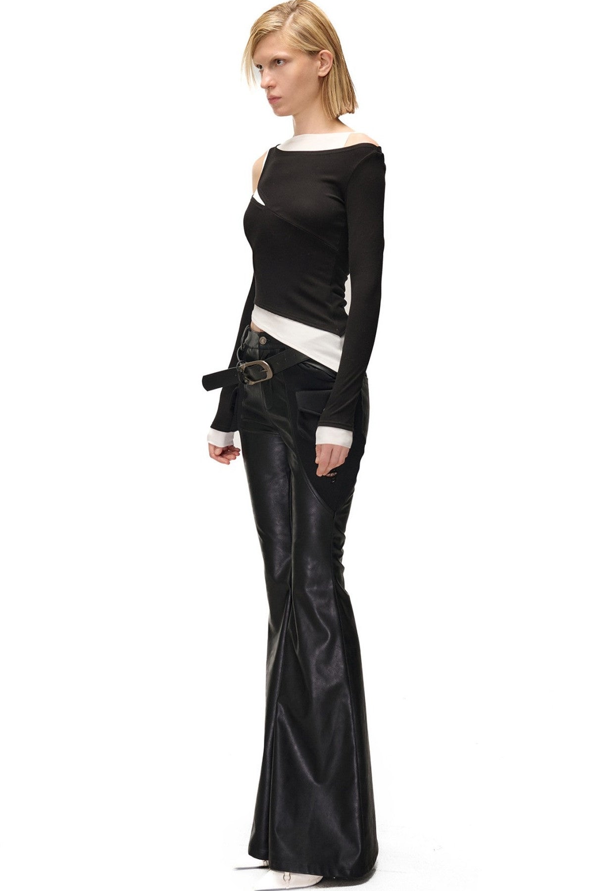 Layered-Look Patchwork Hollow Long-Sleeve T-shirt