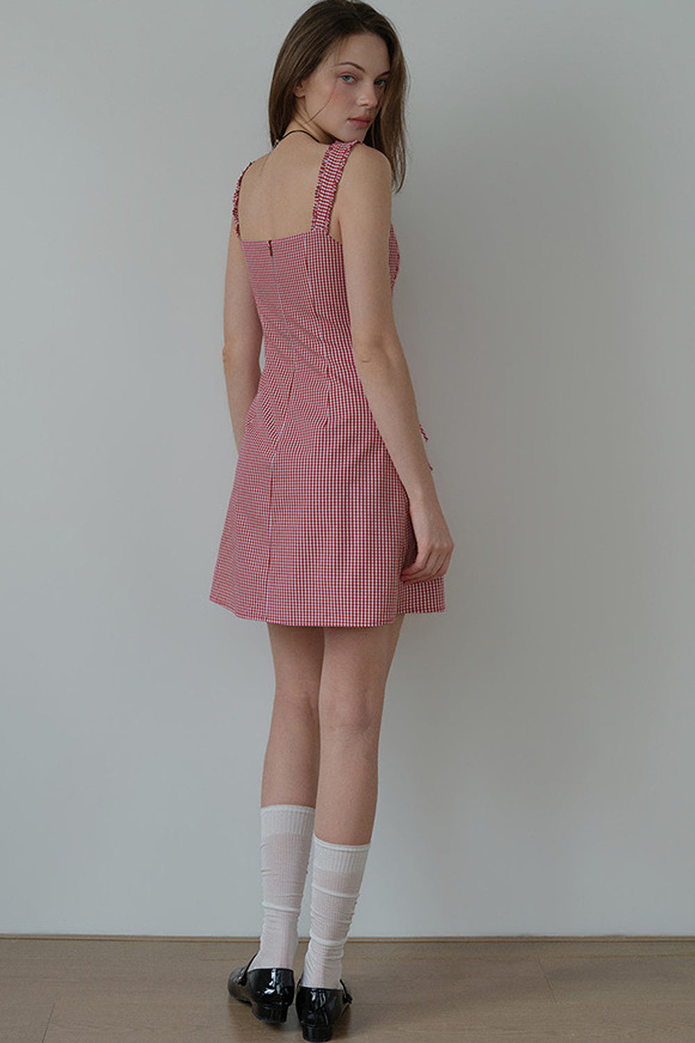 Red Gingham Ruffle Strap Dress