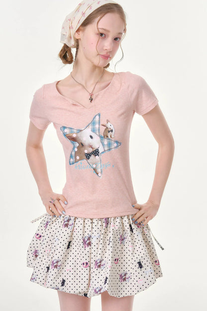 Star Rabbit Pink V-Neck T-Shirt