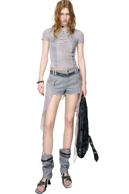 Pleated Rivet Patchwork Top