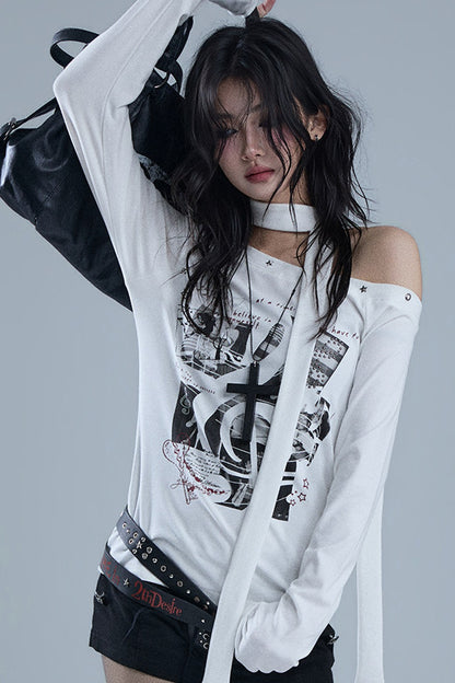 White Off-Shoulder Graphic Long-Sleeve T-Shirt
