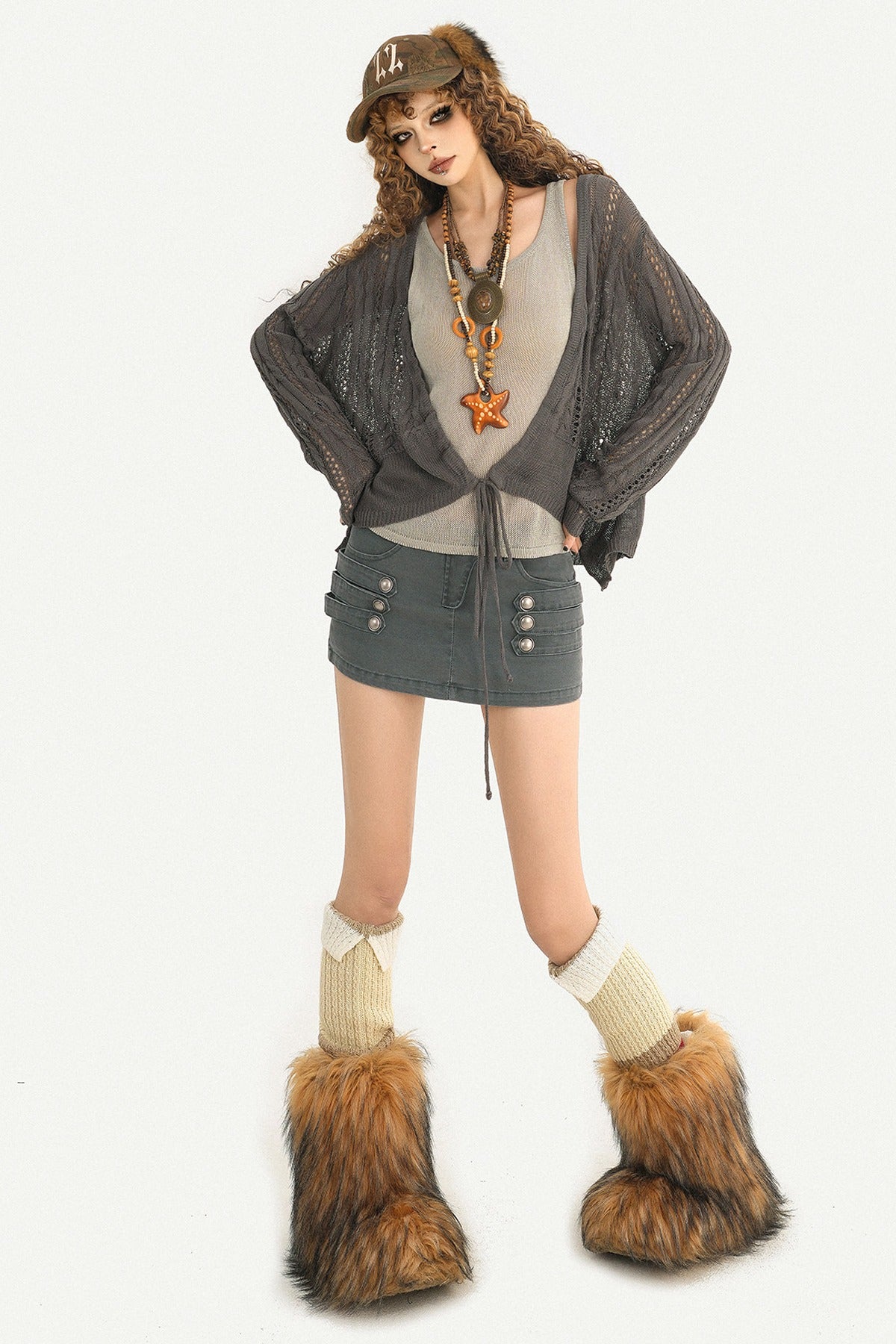 Gray Buttoned Low-Waist Skirt