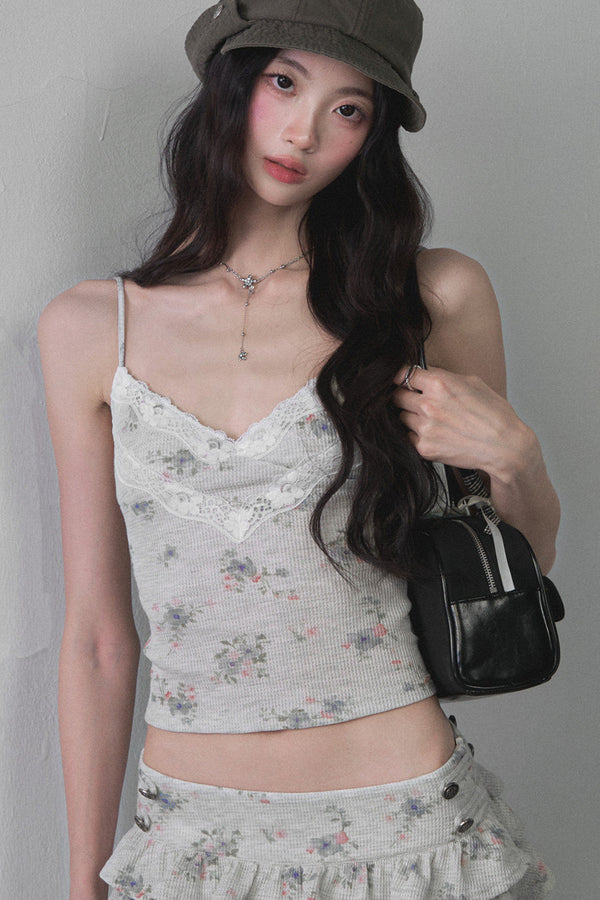 Floral Hooded Sweatshirt Camisole Ruffled Tiered Skirt Set-Up