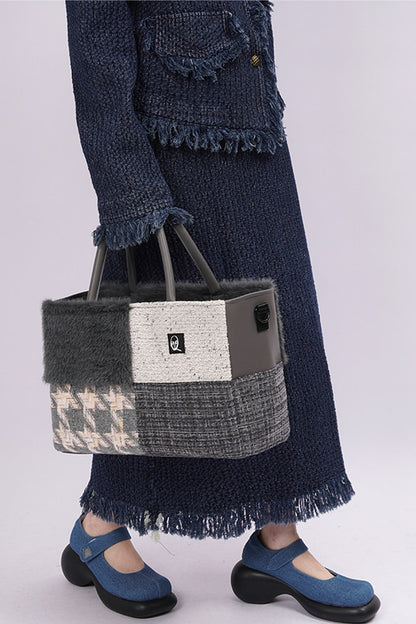 Furry Color-Block Tote Bag