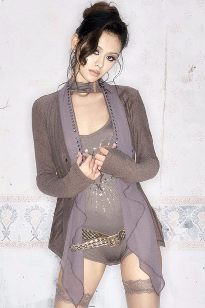 Layered-Look Knit Chiffon Cardigan