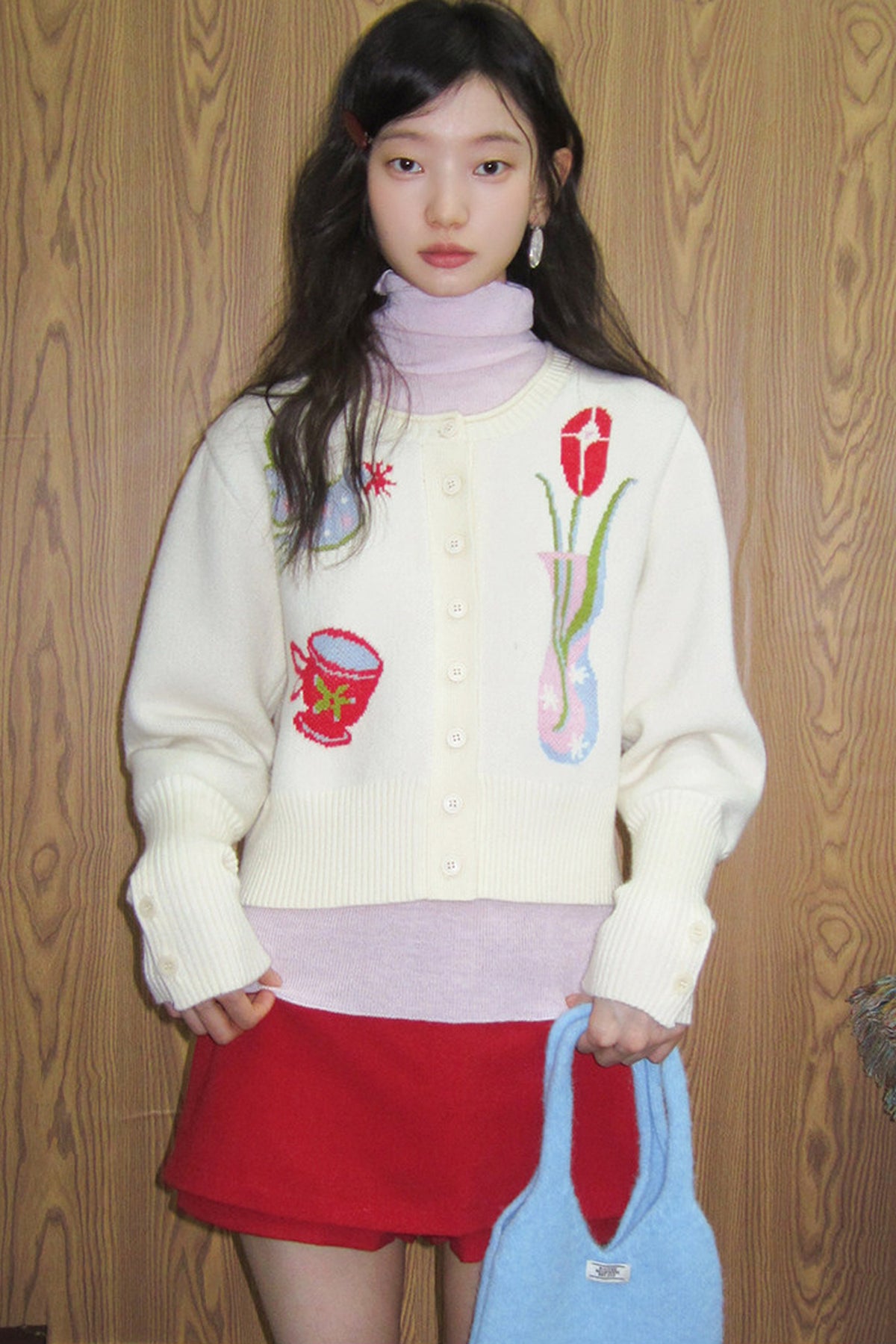 Tulip Bird Jacquard Knit Cardigan