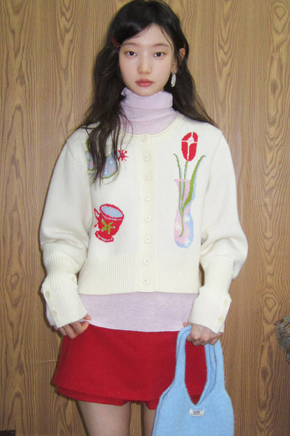 Tulip Bird Jacquard Knit Cardigan