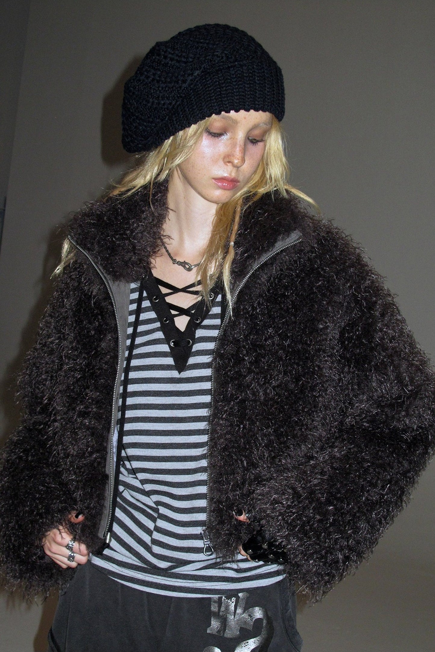 Dark Gray Faux Fur Zipper Jacket