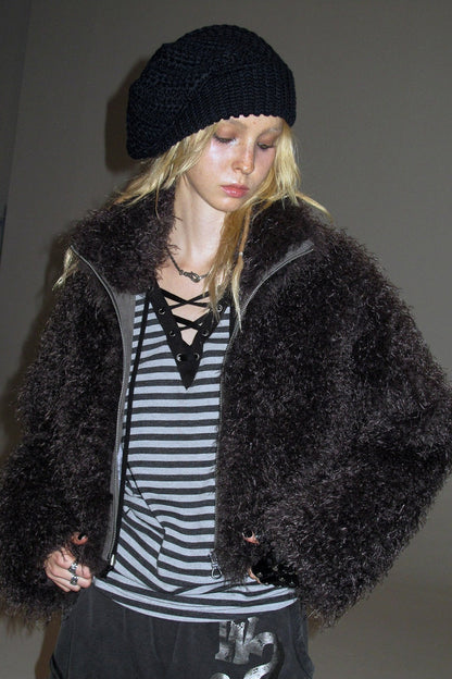 Dark Gray Faux Fur Zipper Jacket