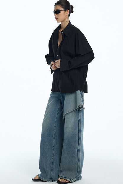 Asymmetrical Deconstructed Denim Wide-Leg Pants