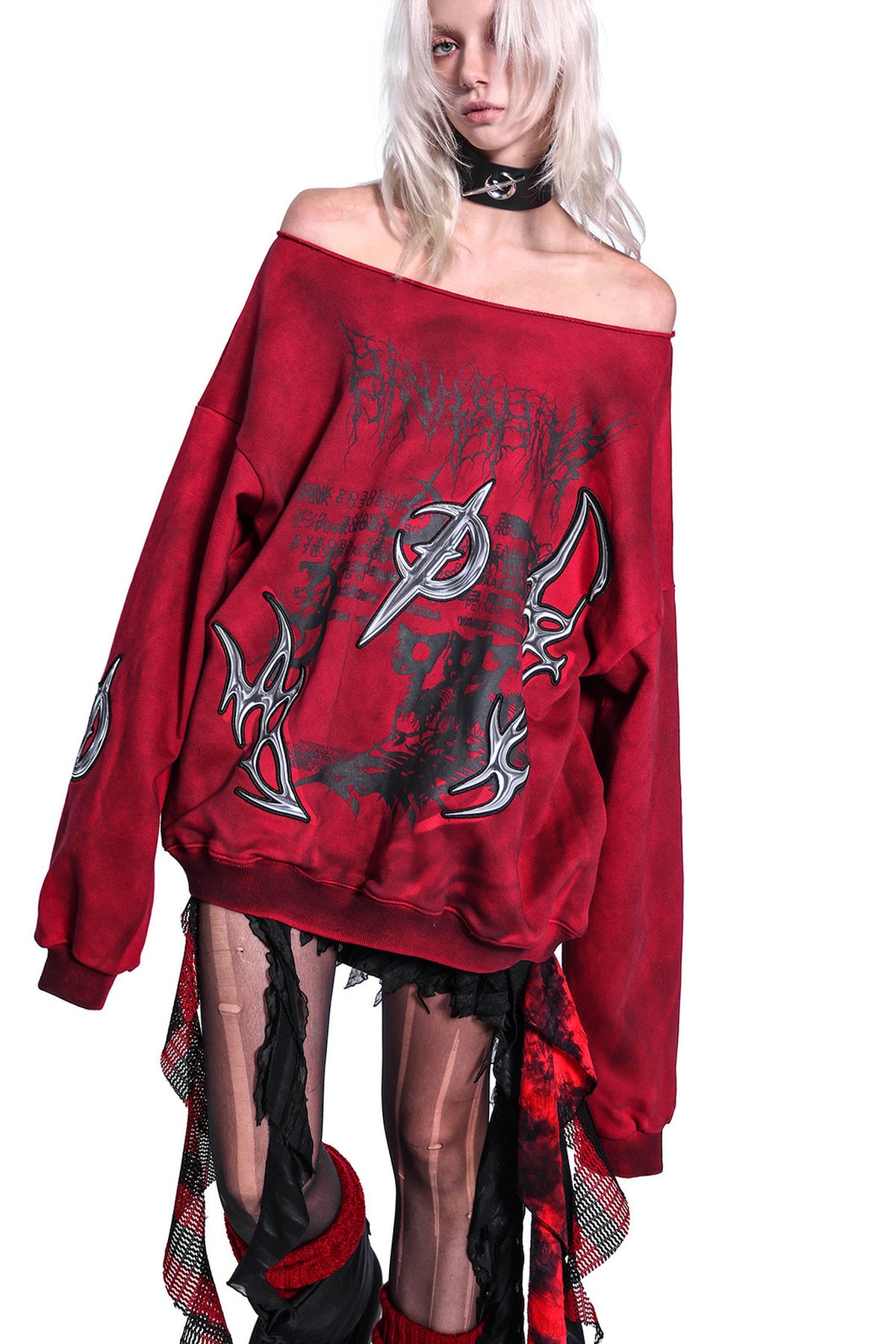 3D Embroidery Off-Shoulder Distressed Print Sweatshirt