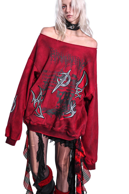 3D Embroidery Off-Shoulder Distressed Print Sweatshirt