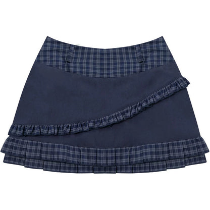 Dark Blue Plaid Pleated Skirt