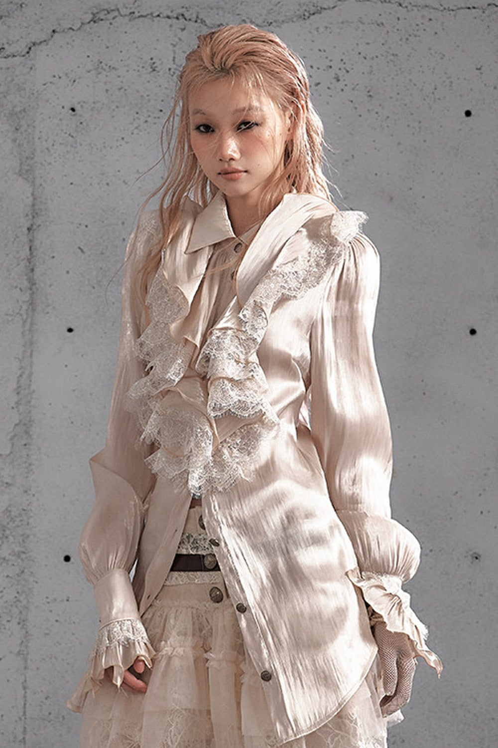 Ruffled Lace Patchwork Satin Blouse