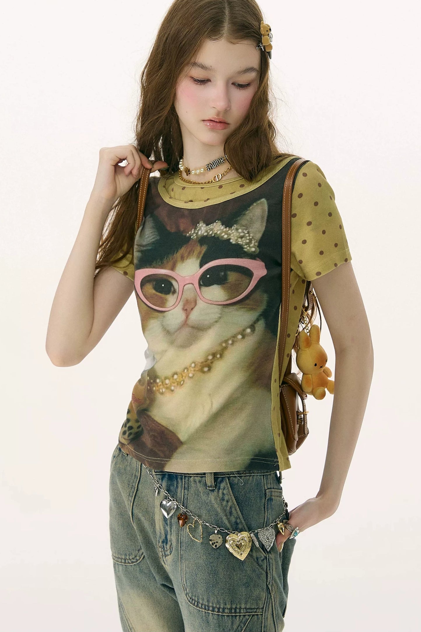 Retro Distressed Cat Print Yellow T-Shirt
