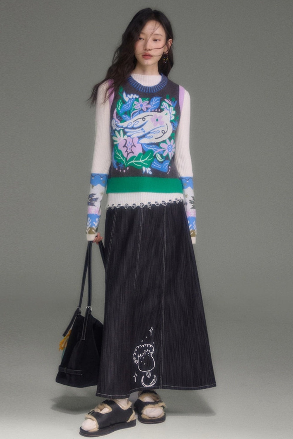 Nightingale Rose Bird Jacquard Knit Cardigan Vest and Skirt Set-Up