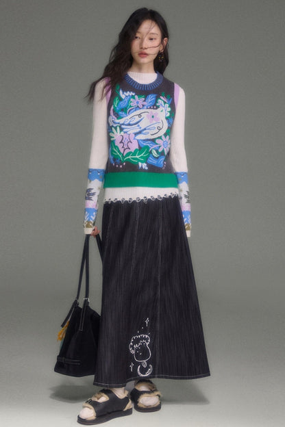 Nightingale Rose Bird Jacquard Knit Cardigan Vest and Skirt Set-Up