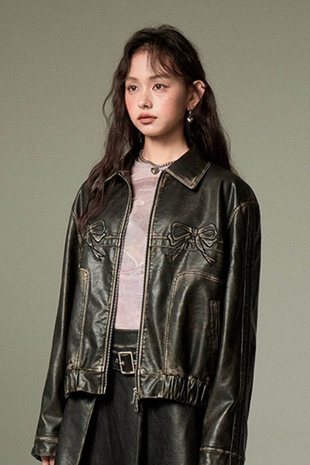 Distressed Bow Leather Jacket