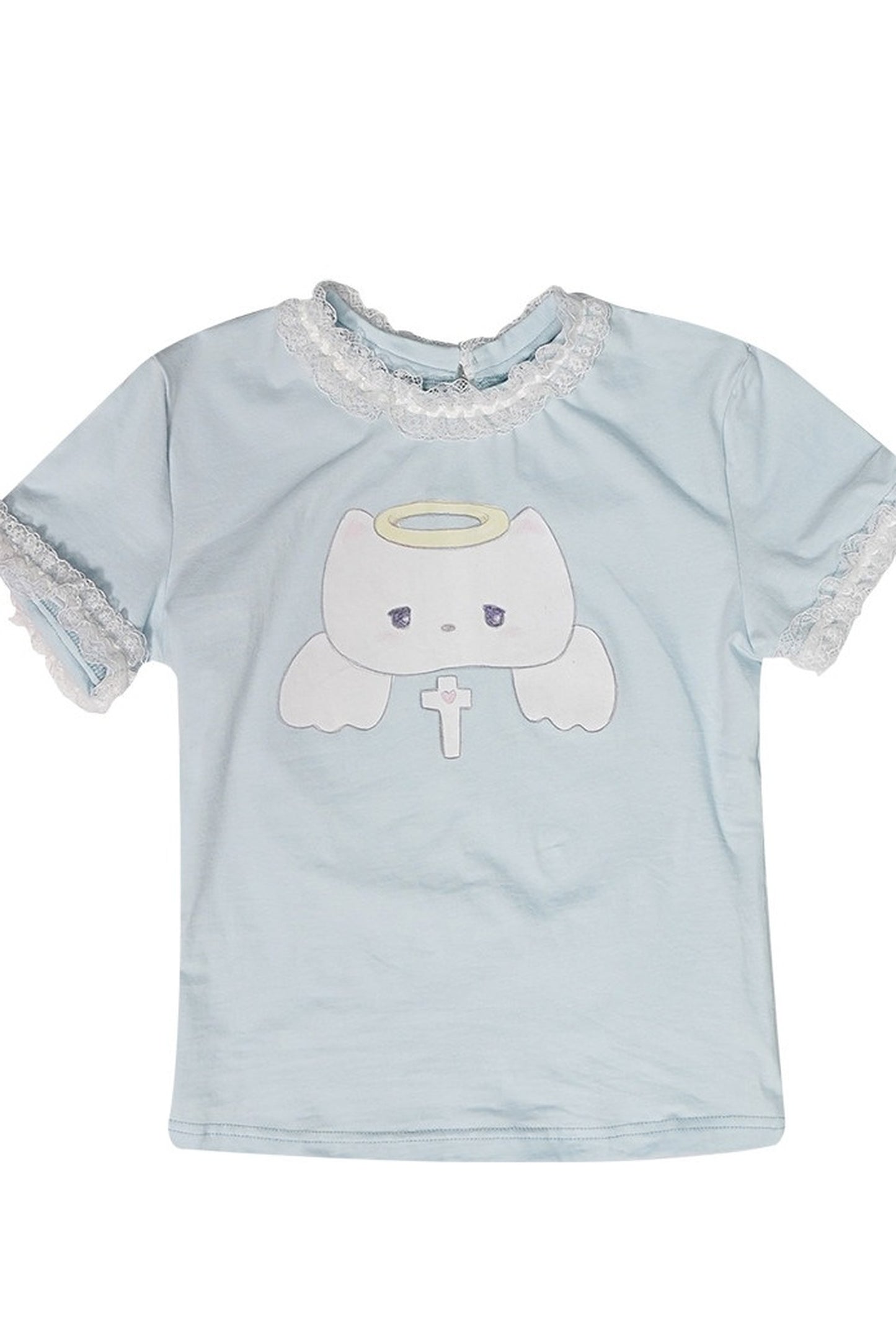 Tee-shirt à manches courtes en dentelle à imprimé chat angelot
