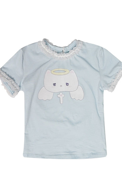 Tee-shirt à manches courtes en dentelle à imprimé chat angelot