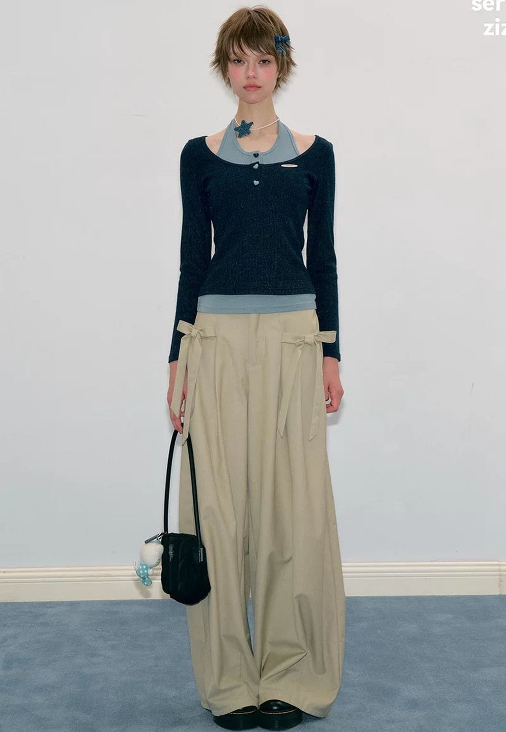 Layered-Look Long Sleeve Knit Top