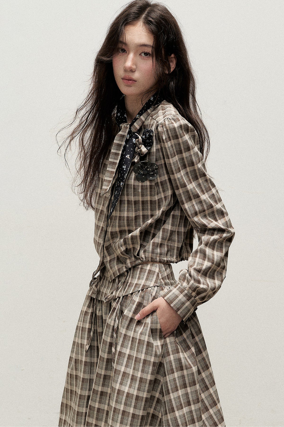 Plaid Contrast Ribbon Shirt and Skirt Set-Up