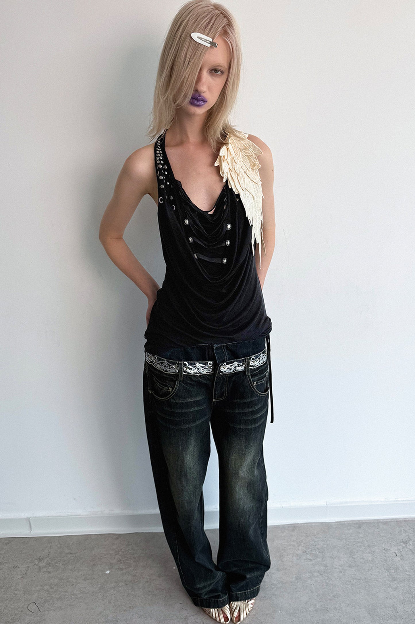 Pleated Rhinestone Halter Top