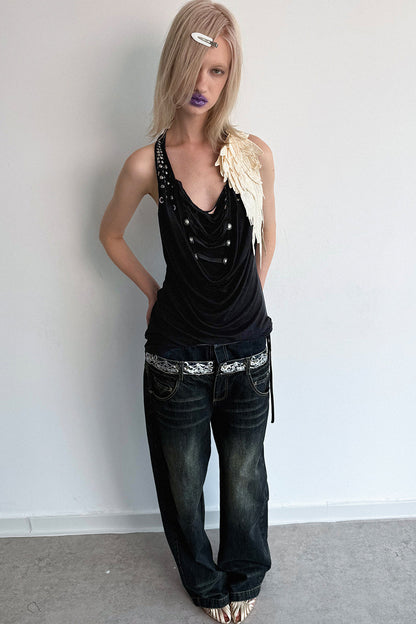 Pleated Rhinestone Halter Top