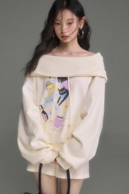 Cat Print Hooded Off-Shoulder Sweatshirt Shorts Set-Up